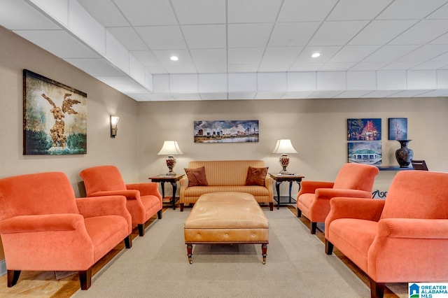 living room featuring a raised ceiling, light carpet, and a paneled ceiling