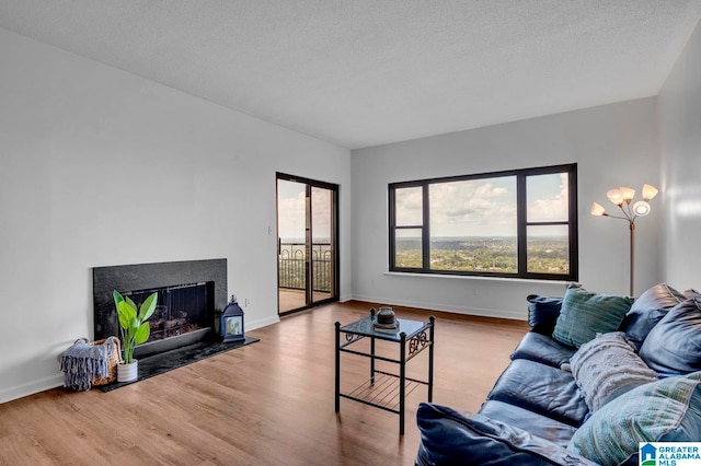 living room featuring a textured ceiling and light wood-type flooring