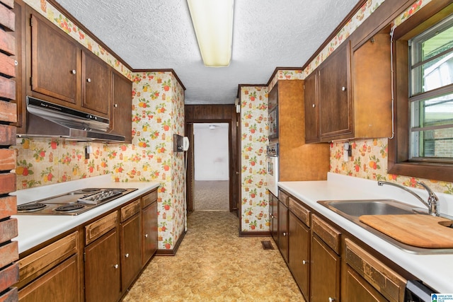 kitchen with stainless steel gas stovetop, sink, and a textured ceiling