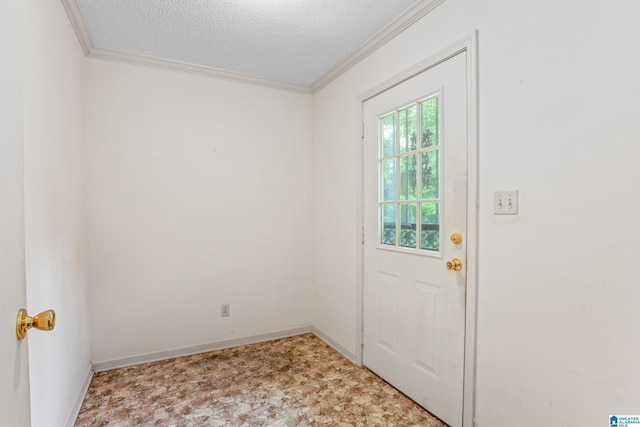 doorway to outside with crown molding and a textured ceiling