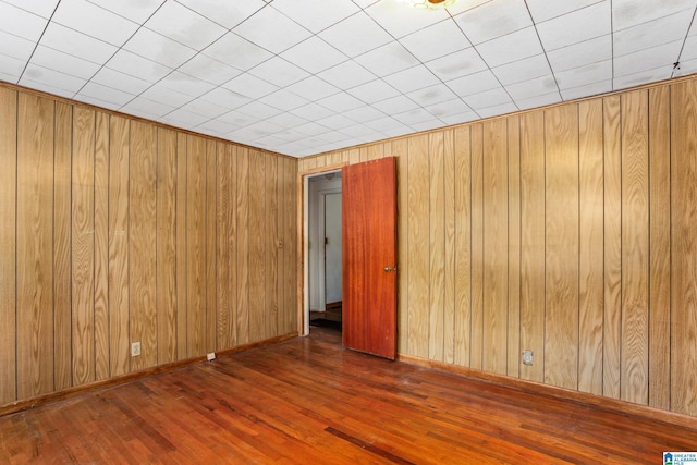 empty room featuring dark wood-type flooring and wood walls