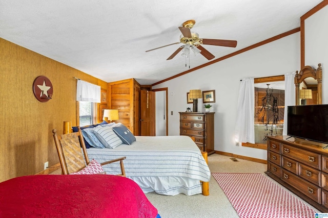 carpeted bedroom with ceiling fan and lofted ceiling