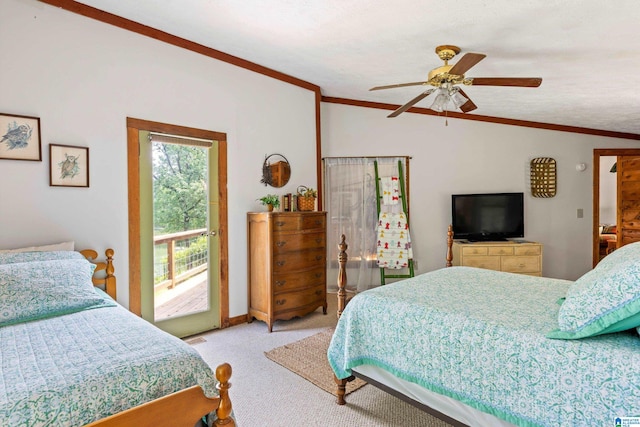 carpeted bedroom with multiple windows, ornamental molding, access to outside, and ceiling fan