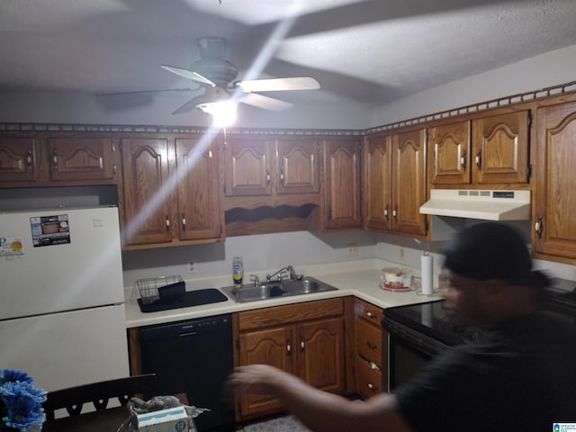 5315 Whisperwood Ct, Anniston, AL 36206 - kitchen featuring black appliances, under cabinet range hood, a sink, ceiling fan, and light countertops