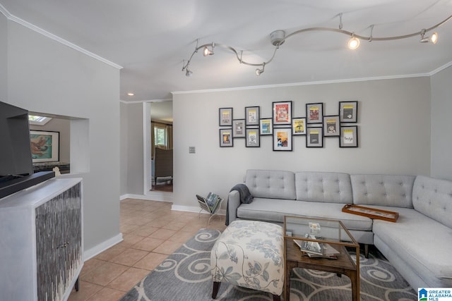 tiled living room featuring rail lighting and ornamental molding