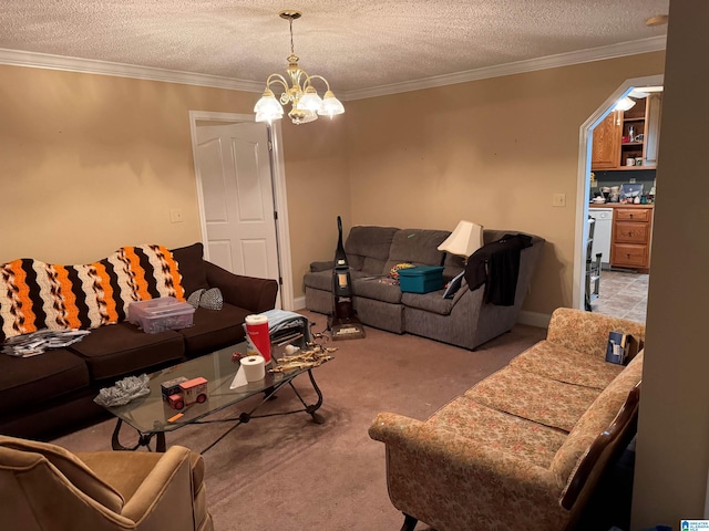 living room featuring crown molding, a textured ceiling, an inviting chandelier, and light colored carpet