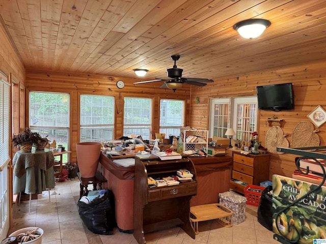 misc room with wooden walls, wood ceiling, light tile patterned floors, and ceiling fan