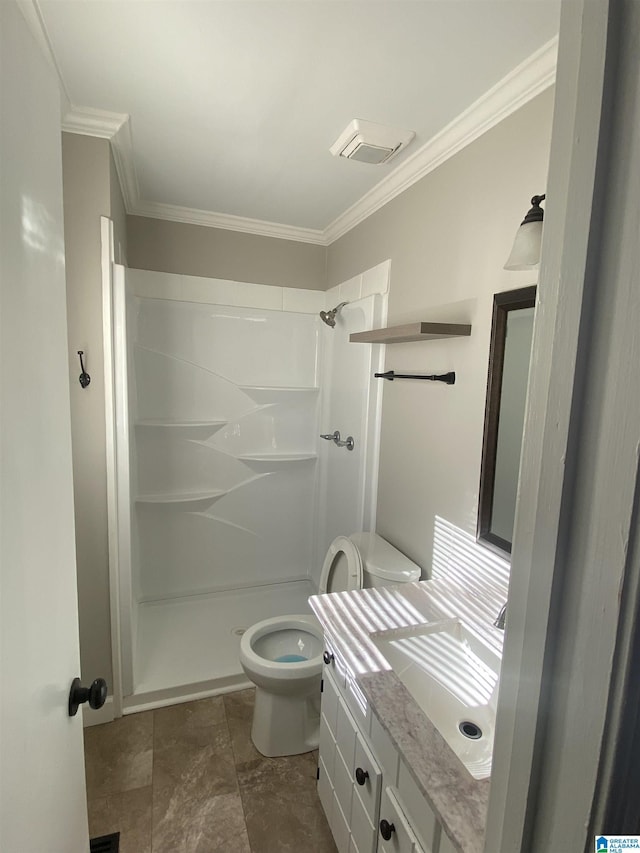 bathroom featuring walk in shower, ornamental molding, vanity, and toilet