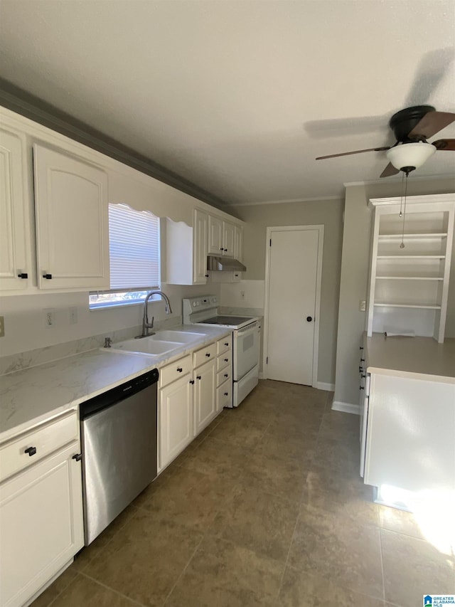 kitchen featuring white cabinetry, dishwasher, sink, and electric stove