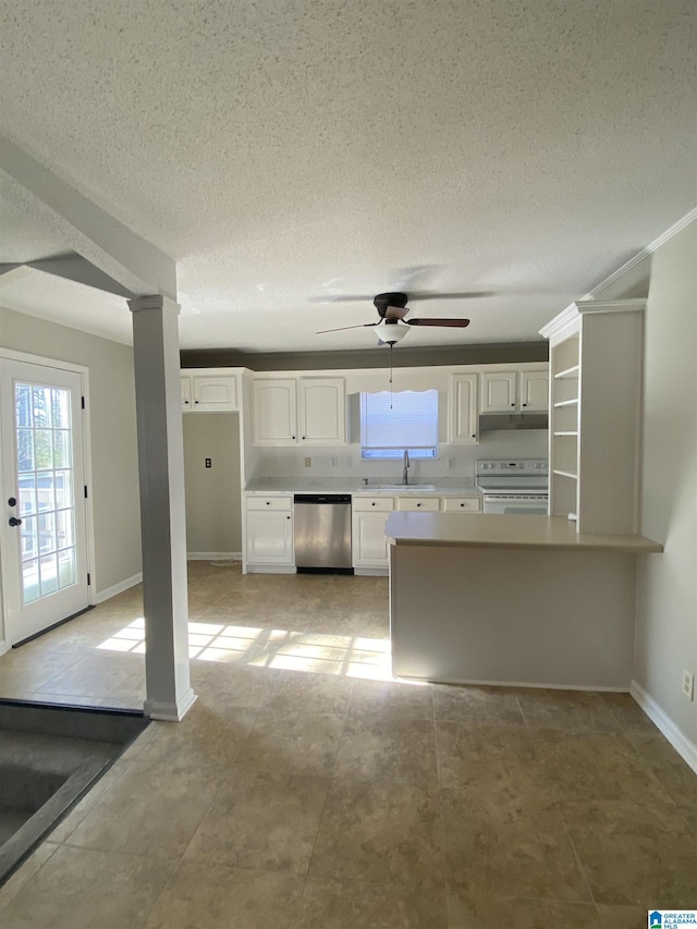 kitchen with white cabinetry, white electric range, dishwasher, and ornate columns