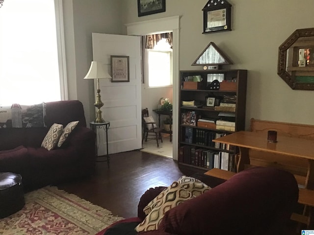 living room with dark hardwood / wood-style flooring