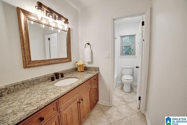 full bath featuring tile patterned flooring, baseboards, vanity, and toilet