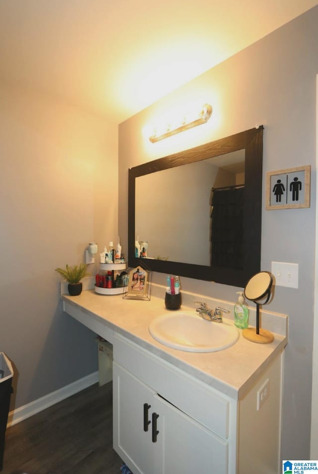 bathroom with vanity and wood-type flooring