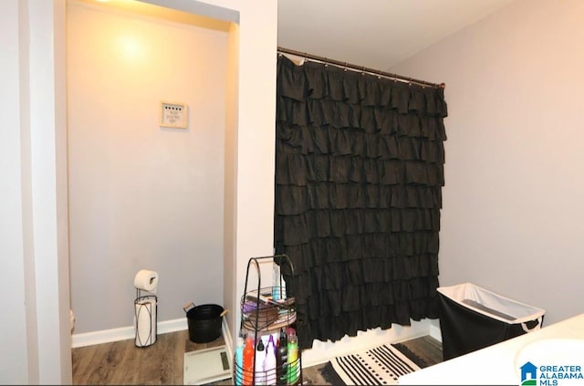 bathroom with hardwood / wood-style flooring