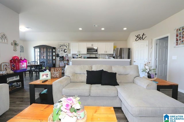 living room with sink, lofted ceiling, and dark wood-type flooring