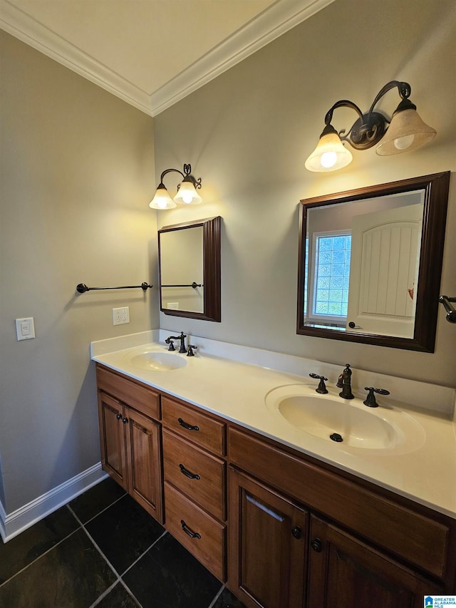 bathroom featuring crown molding, dual bowl vanity, and tile patterned flooring