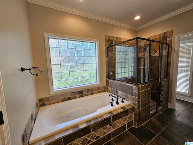 bathroom featuring plus walk in shower, ornamental molding, and tile patterned floors