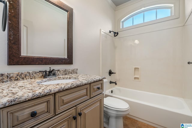 full bathroom with vanity, toilet, tile patterned floors, and shower / bathing tub combination