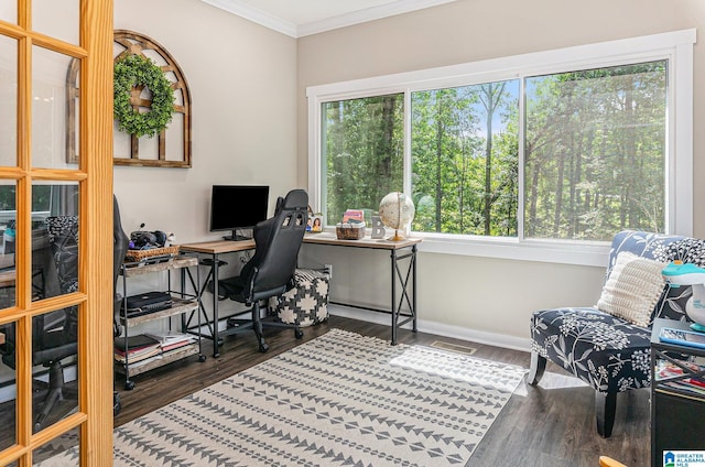 office area with baseboards, visible vents, ornamental molding, and dark wood-style flooring