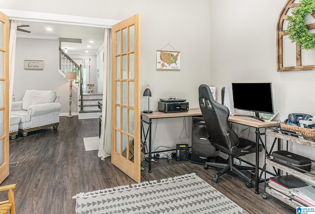 office space featuring baseboards, ornamental molding, dark wood finished floors, and recessed lighting