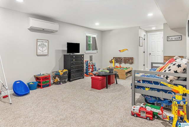 bedroom with carpet, an AC wall unit, and recessed lighting