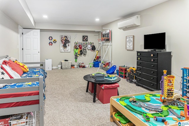 rec room with a wall unit AC, carpet flooring, and recessed lighting