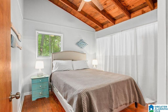 bedroom featuring vaulted ceiling with beams, wood finished floors, wood ceiling, and baseboards