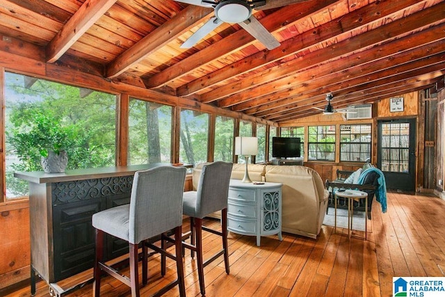 interior space featuring ceiling fan, lofted ceiling with beams, wood ceiling, and light hardwood / wood-style flooring