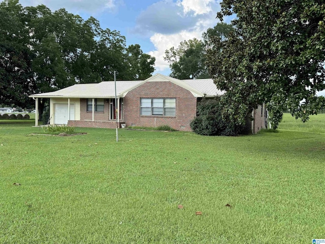 single story home featuring a garage, crawl space, brick siding, and a front yard