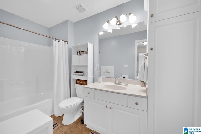 full bathroom featuring tile patterned floors, vanity, shower / bath combination with curtain, and toilet