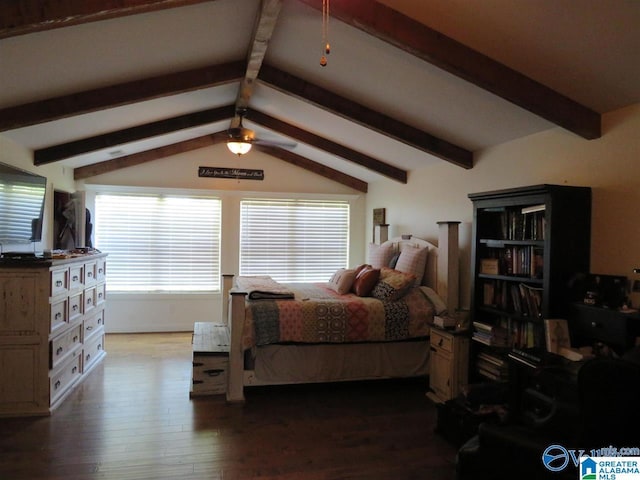 bedroom with lofted ceiling with beams and hardwood / wood-style flooring