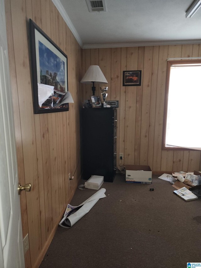 misc room featuring carpet, crown molding, and wooden walls