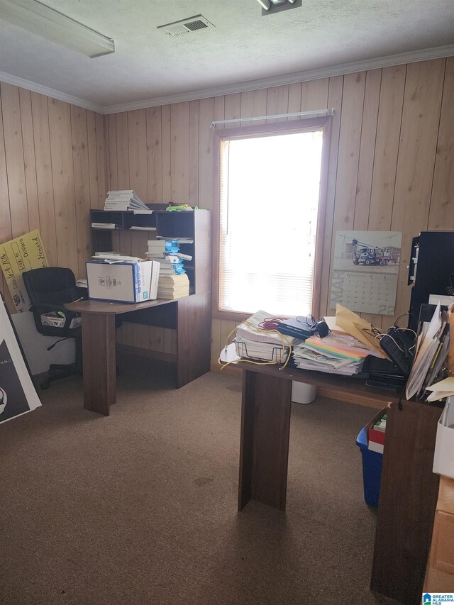 office area featuring ornamental molding, carpet flooring, and wood walls