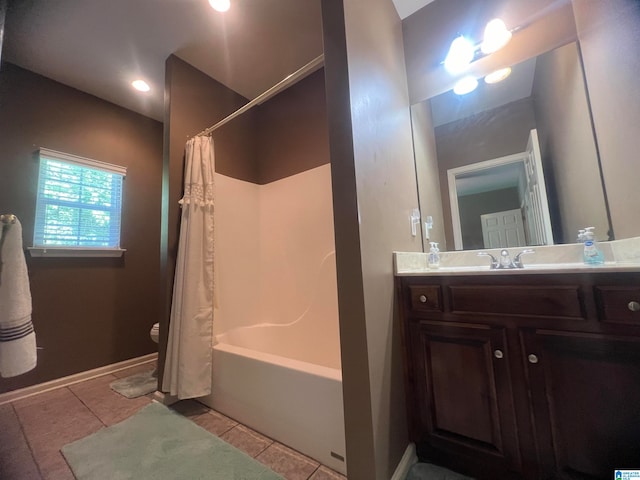 full bathroom with tile patterned floors, vanity, shower / bathtub combination with curtain, and toilet