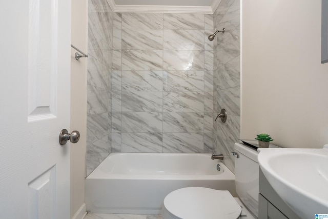 full bathroom with toilet, tile patterned flooring, vanity, crown molding, and tiled shower / bath combo