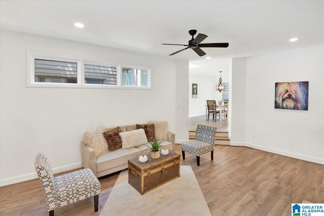 living room with ceiling fan and wood-type flooring