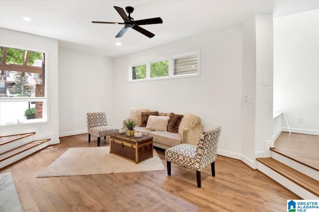 living room with ceiling fan and light wood-type flooring