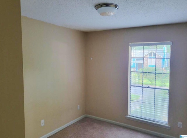 unfurnished room with a textured ceiling, carpet, and a healthy amount of sunlight