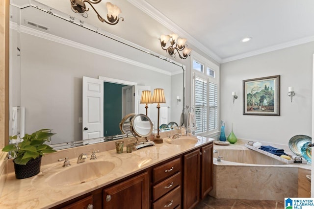 bathroom featuring double vanity, tile patterned floors, a bath, and ornamental molding