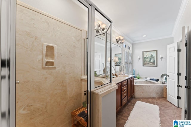 bathroom featuring vanity, tiled tub, crown molding, and tile patterned floors