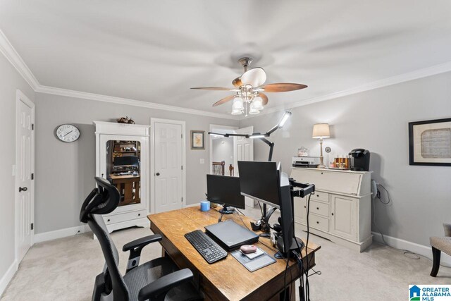 carpeted office with ceiling fan and ornamental molding