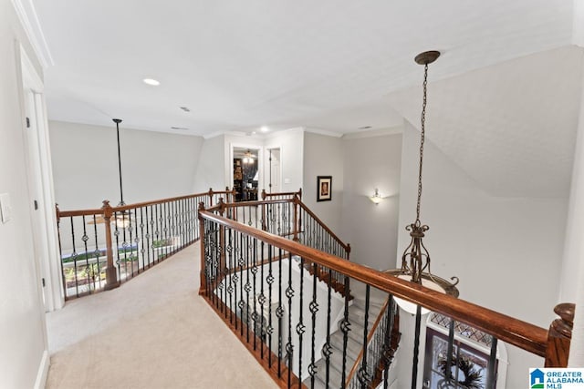 hallway featuring crown molding and carpet