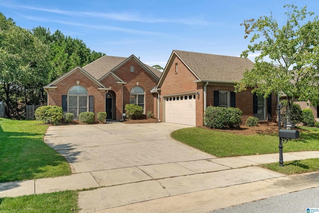 view of front of house with a garage and a front lawn