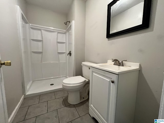 bathroom featuring vanity, tile patterned floors, toilet, and a shower