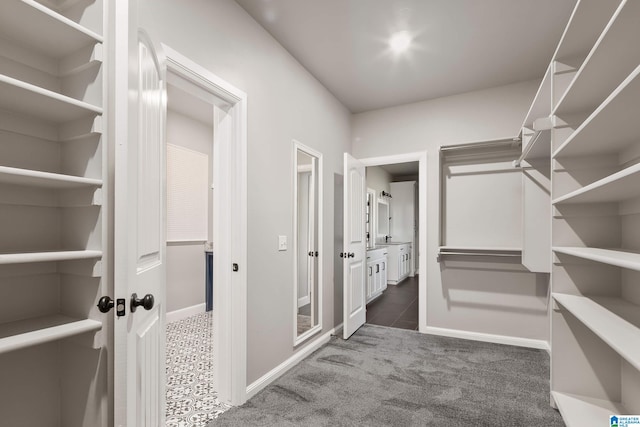 walk in closet featuring dark colored carpet