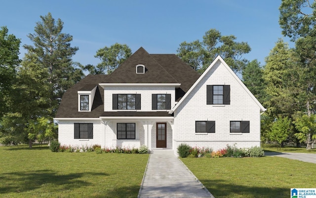 view of front of property with a front lawn, brick siding, and a shingled roof