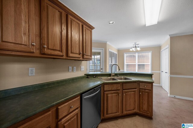 kitchen featuring stainless steel dishwasher, sink, ornamental molding, and light tile patterned floors