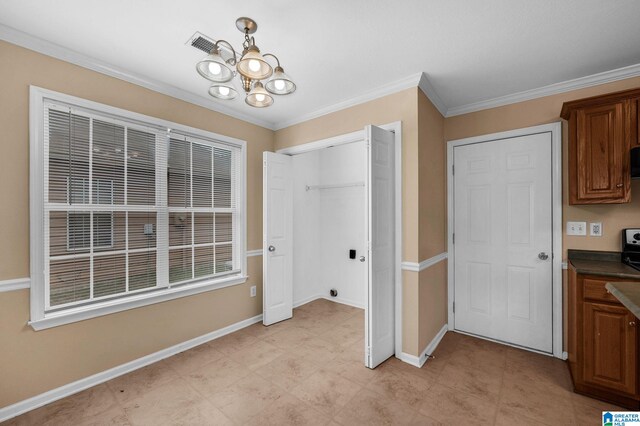 interior space featuring an inviting chandelier, ornamental molding, and light tile patterned floors