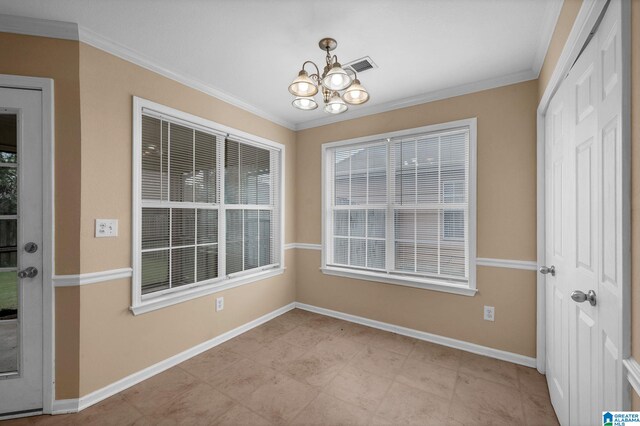 unfurnished dining area featuring a chandelier, ornamental molding, and light tile patterned floors