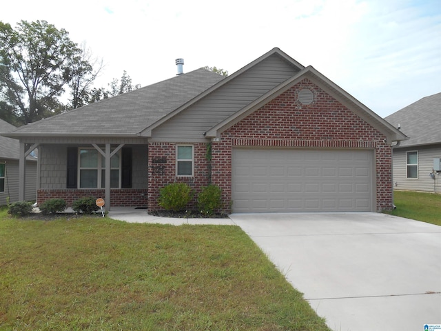 ranch-style home with driveway, brick siding, a garage, and a front yard